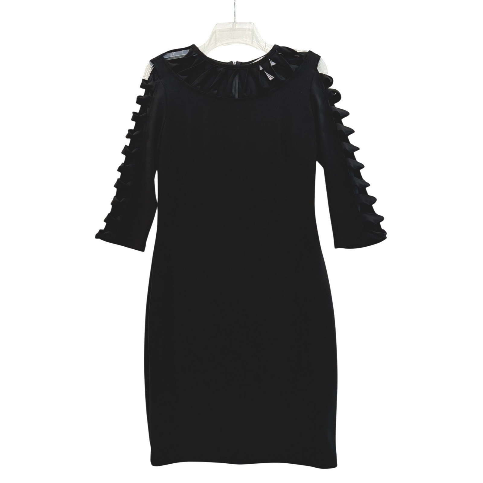 Joseph Ribkoff Black Cold Shoulder Pleated Lattice Sleeve Sheath Dress 8 New